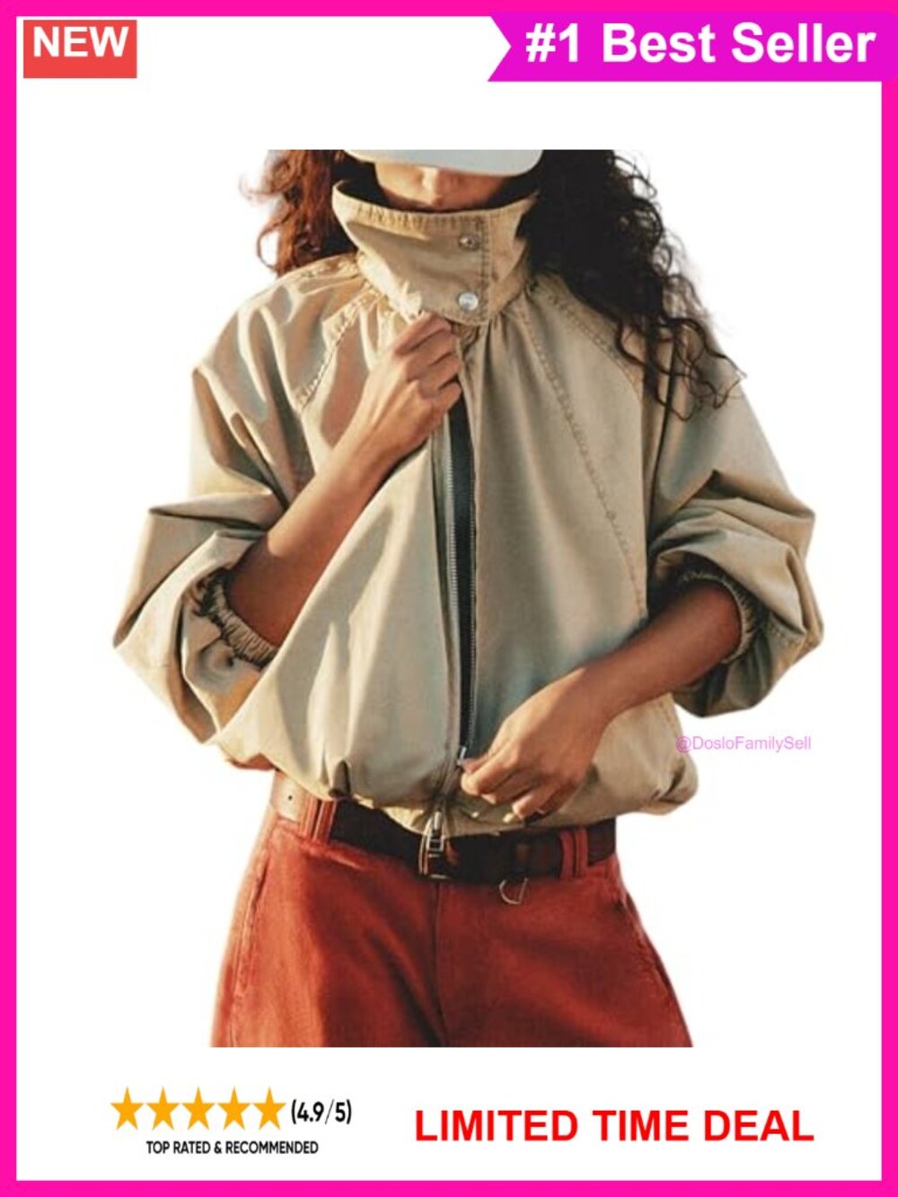 Oversized Cotton Bomber Jacket Funnel Neck Zip Up Batwing Fall Coat